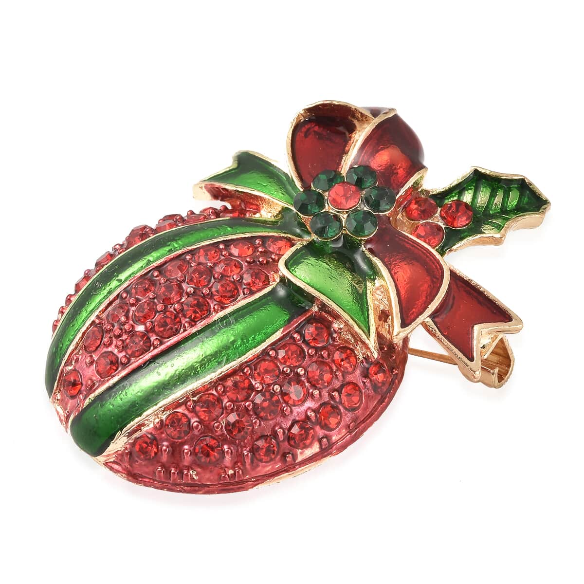 You are My Blessing Jewelry Gift Box with Red & Green Austrian Crystal, Enameled Christmas Gift Ornament Brooch in Goldtone image number 2