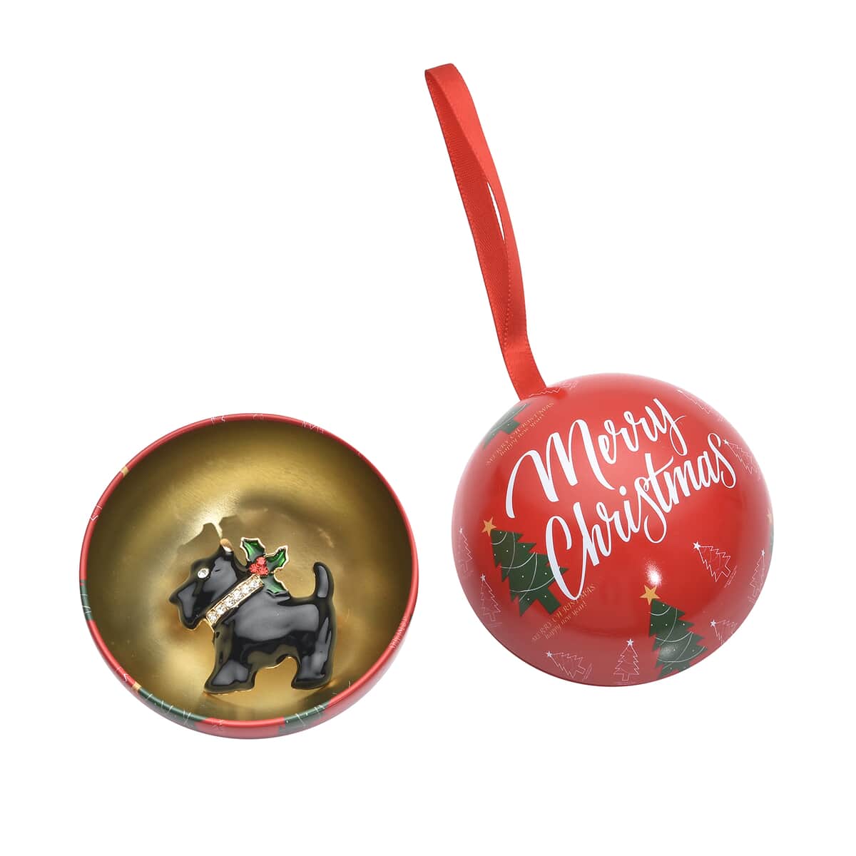 Merry Christmas Red Ornament Ball Packaging Gift Set with Red and White Austrian Crystal, Enameled Black Christmas Dog Brooch in Goldtone image number 2