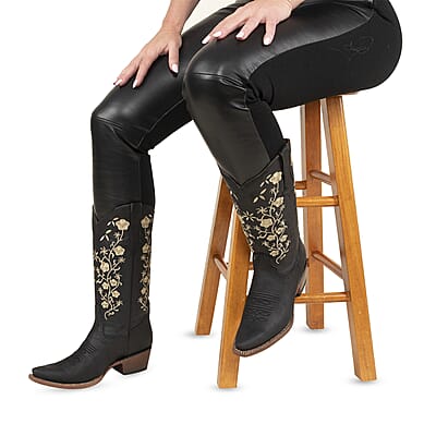 TANNER MARK Black Turin Floral Top Snip Toe Boot 6.5