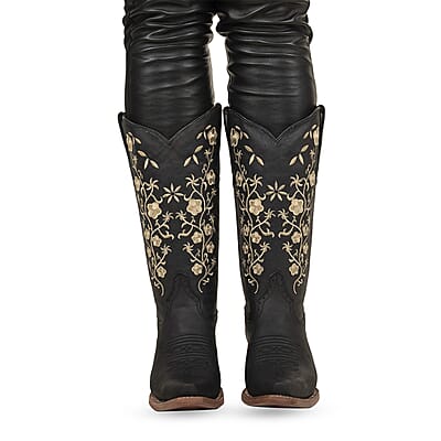 TANNER MARK Black Turin Floral Top Snip Toe Boot 6.5