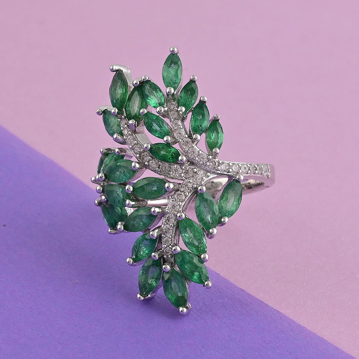 AAA Kagem Emerald and Natural White Zircon Leaf Inspired Ring in Sterling Silver (Size 8.0) 3.10 ctw image number 1
