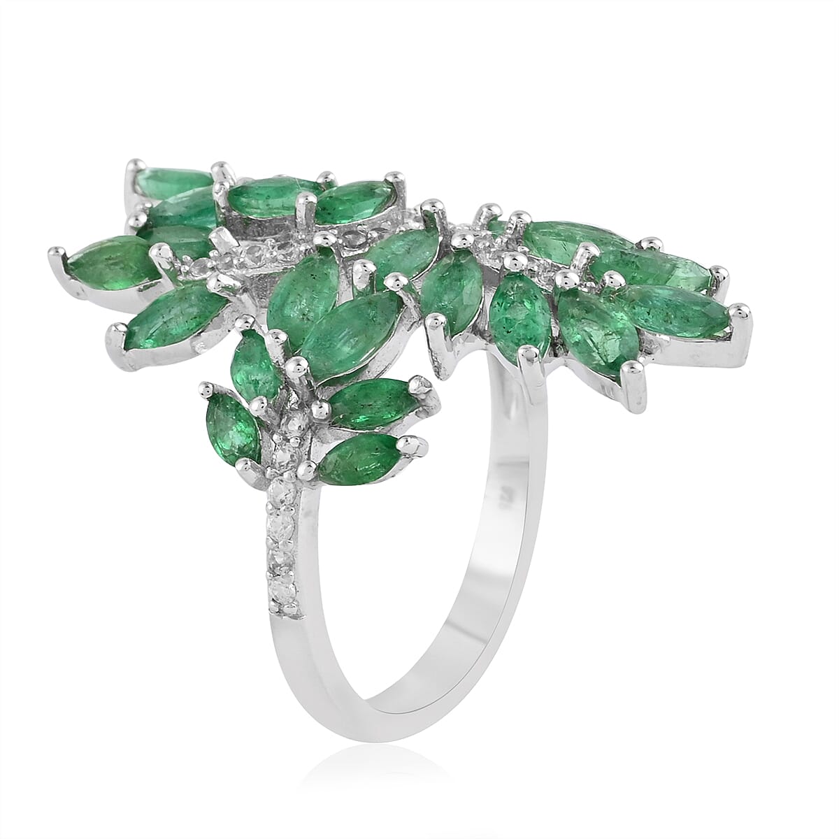 AAA Kagem Emerald and Natural White Zircon Leaf Inspired Ring in Sterling Silver (Size 8.0) 3.10 ctw image number 3