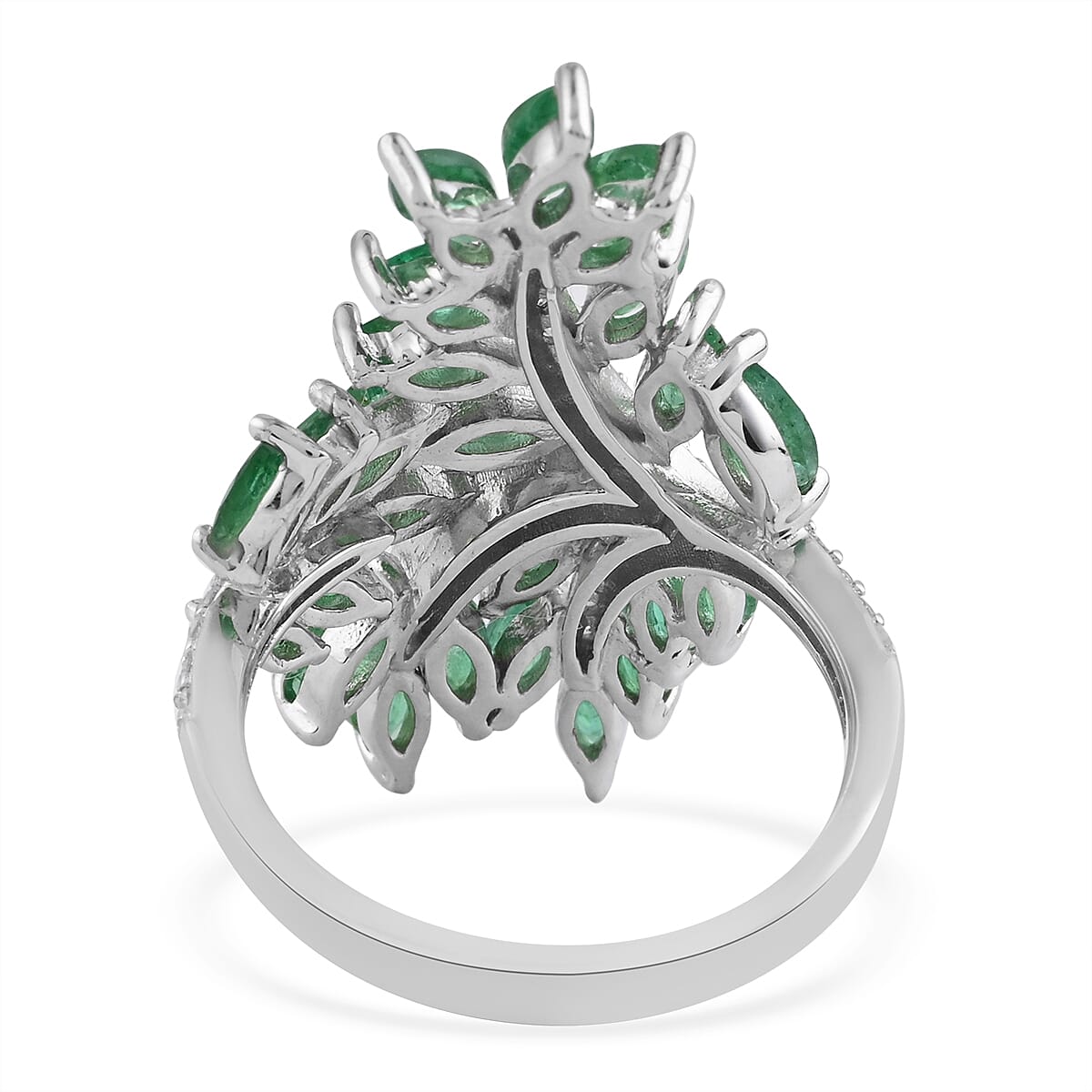 AAA Kagem Emerald and Natural White Zircon Leaf Inspired Ring in Sterling Silver (Size 8.0) 3.10 ctw image number 4