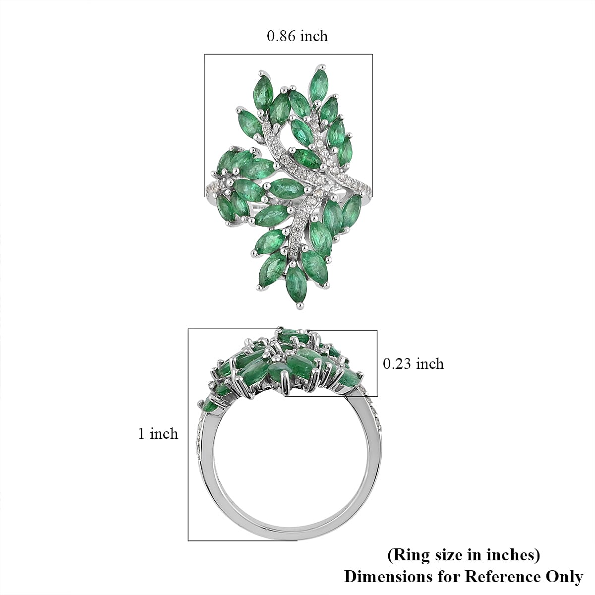 AAA Kagem Emerald and Natural White Zircon Leaf Inspired Ring in Sterling Silver (Size 8.0) 3.10 ctw image number 5