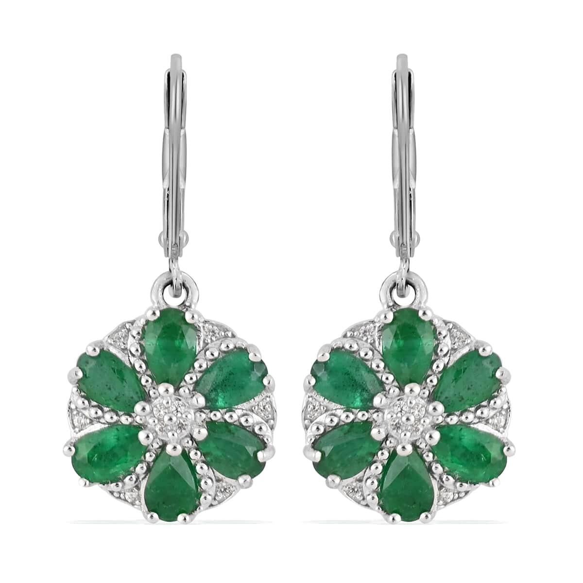AAA Kagem Zambian Intense Green Emerald and Natural White Zircon Lever Back Earrings in Sterling Silver 2.60 ctw image number 0