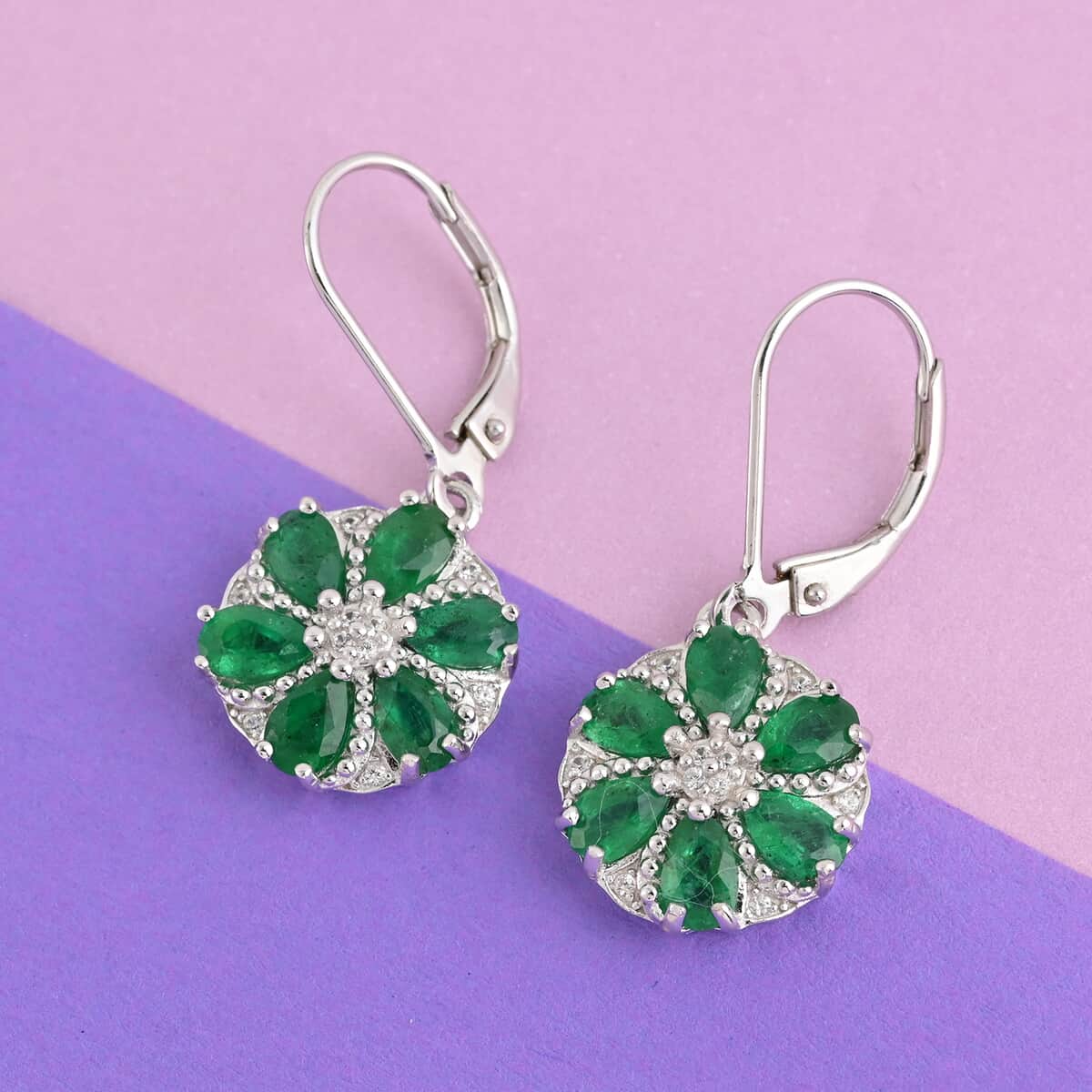 AAA Kagem Zambian Intense Green Emerald and Natural White Zircon Lever Back Earrings in Sterling Silver 2.60 ctw image number 1