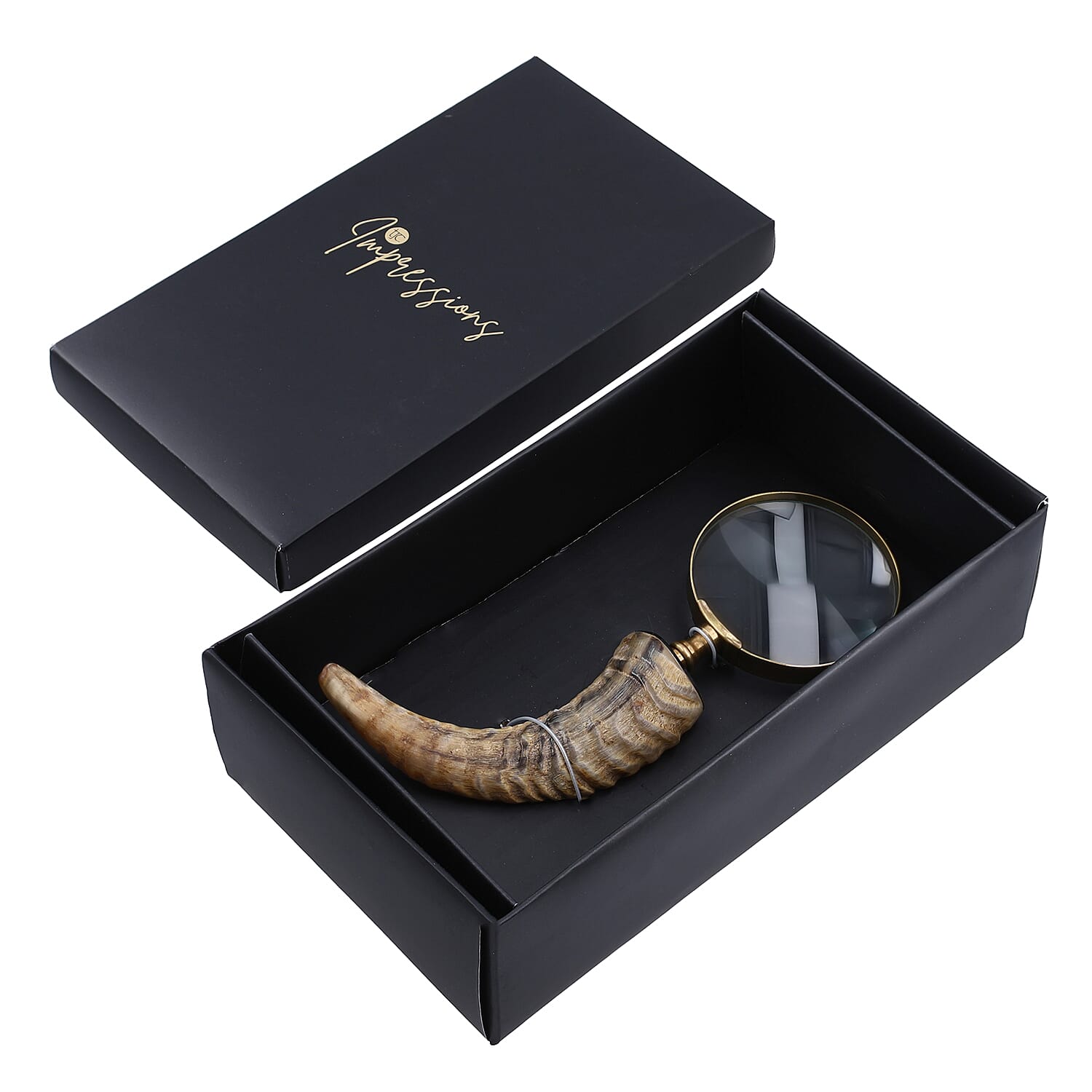 Natural & Black Handcrafted 3X Magnifying Glass Antic Gold Ring with Brown Sheep Horn Handle