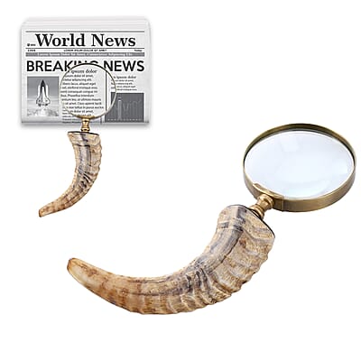 Natural & Black Handcrafted 3X Magnifying Glass Antic Gold Ring with Brown Sheep Horn Handle