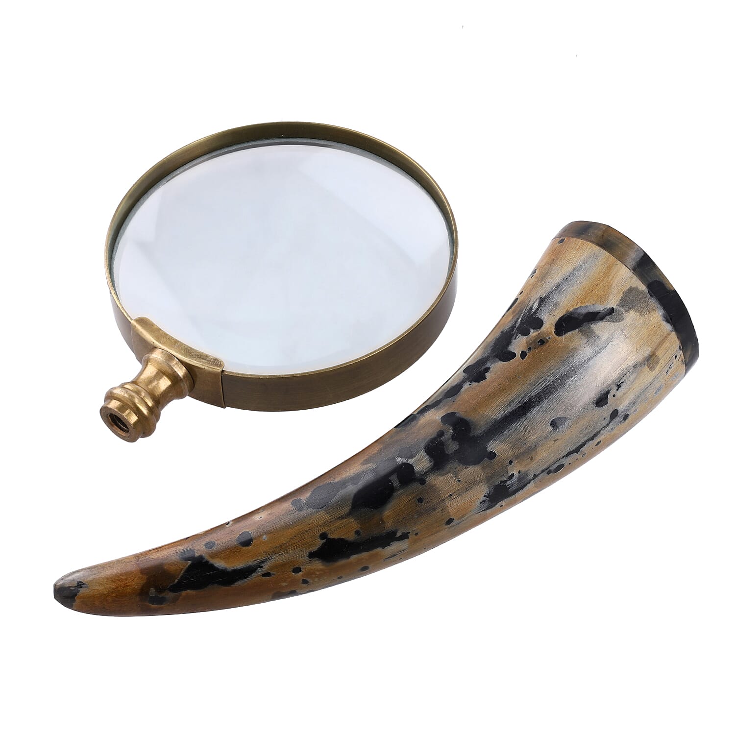 Natural & Black Handcrafted 3X Magnifying Glass Antic Gold Ring with Brown Sheep Horn Handle