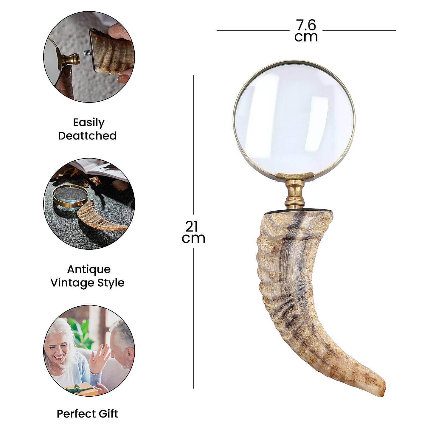 Natural & Black Handcrafted 3X Magnifying Glass Antic Gold Ring with Buffalo Horn Handle
