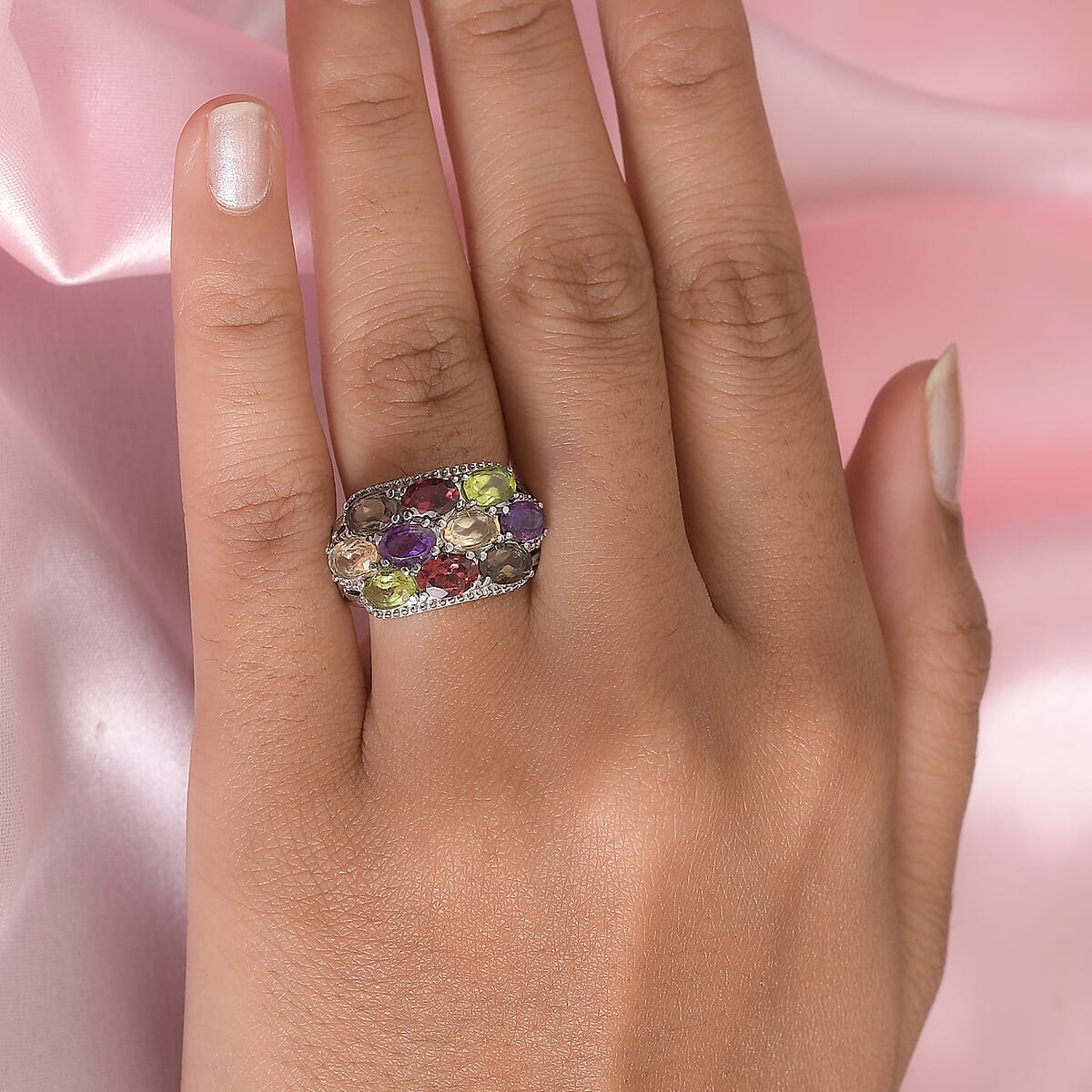 Multi Gemstone 4.60 ctw Ring in Stainless Steel (Size 8.0) image number 2