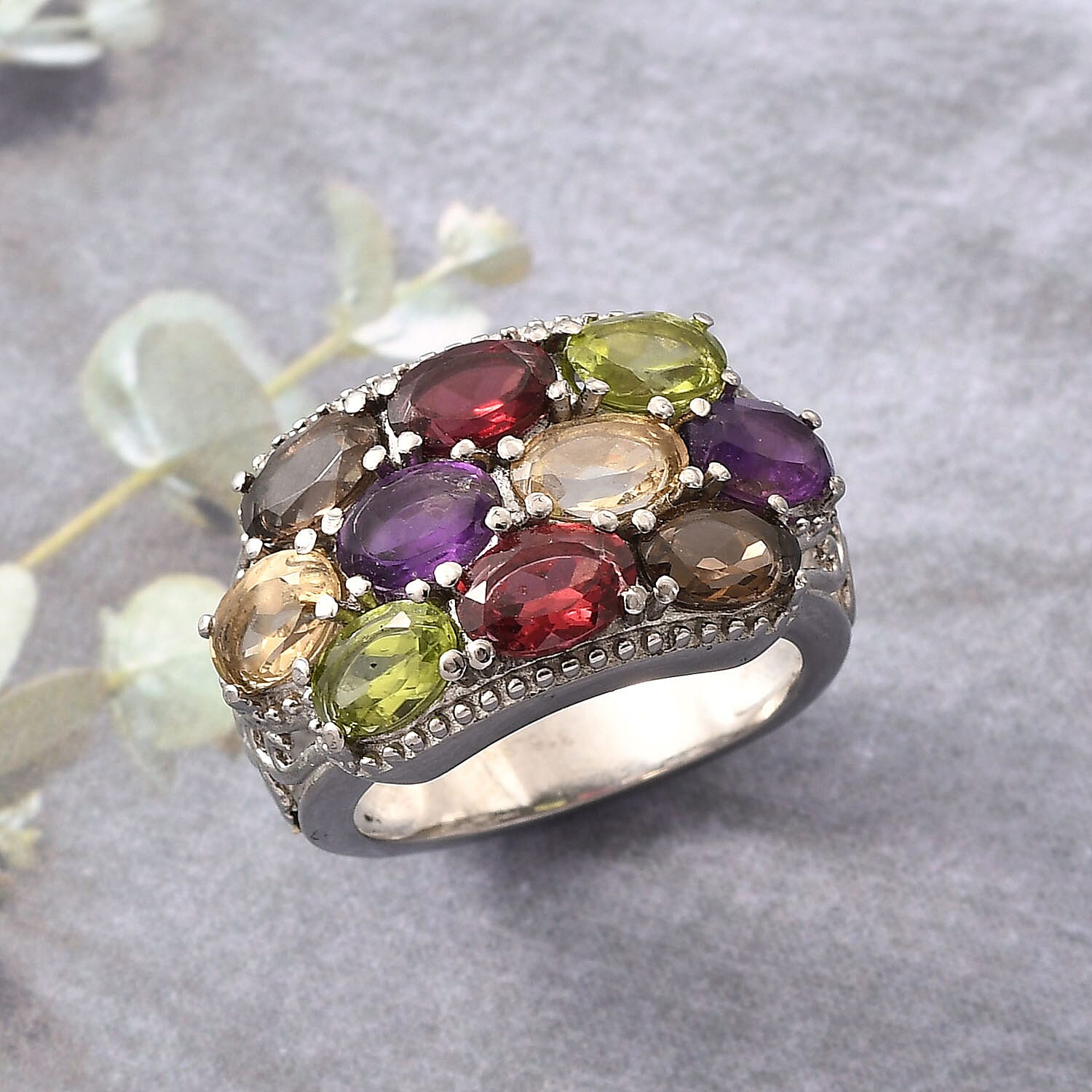 Multi Gemstone 4.60 ctw Ring in Stainless Steel (Size 9.0)