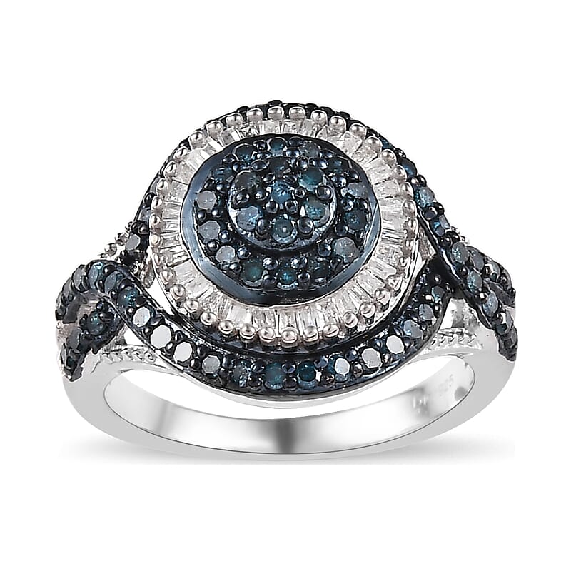 Blue and White Diamond Ring in Rhodium & Platinum Over Sterling Silver (Size 10.0) 1.00 ctw