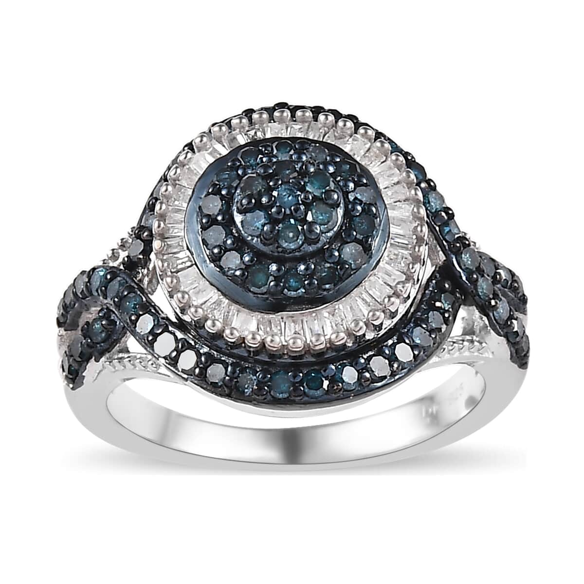 Blue and White Diamond Ring in Rhodium & Platinum Over Sterling Silver (Size 10.0) 1.00 ctw image number 0