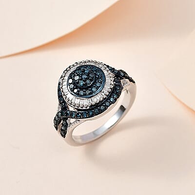 Blue and White Diamond Ring in Rhodium & Platinum Over Sterling Silver (Size 10.0) 1.00 ctw