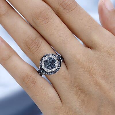 Blue and White Diamond Ring in Rhodium & Platinum Over Sterling Silver (Size 10.0) 1.00 ctw