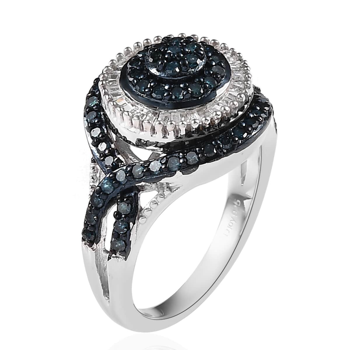 Blue and White Diamond Ring in Rhodium & Platinum Over Sterling Silver (Size 10.0) 1.00 ctw image number 3
