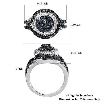 Blue and White Diamond Ring in Rhodium & Platinum Over Sterling Silver (Size 10.0) 1.00 ctw