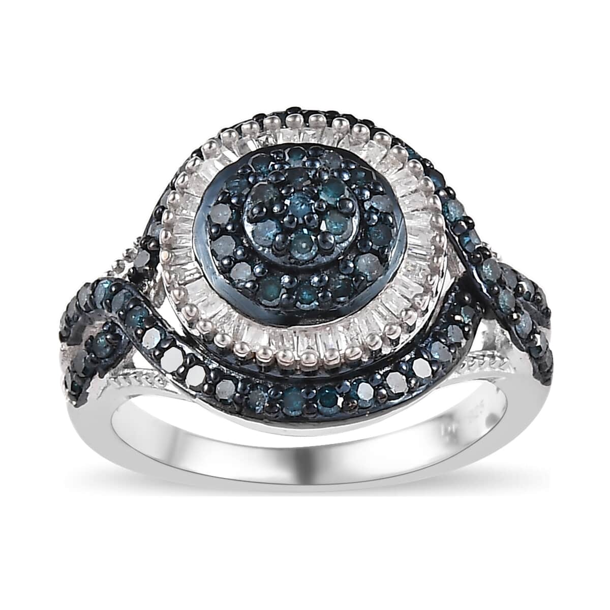 Blue and White Diamond Ring in Rhodium & Platinum Over Sterling Silver (Size 9.0) 1.00 ctw image number 0