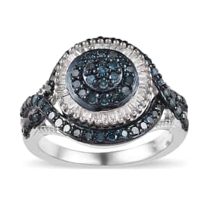 Blue and White Diamond Ring in Rhodium & Platinum Over Sterling Silver (Size 9.0) 1.00 ctw