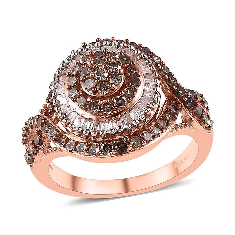 Natural Champagne and White Diamond Ring in Rhodium & Vermeil Rose Gold Over Sterling Silver (Size 10.0) 1.00 ctw