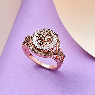 Natural Champagne and White Diamond Ring in Rhodium & Vermeil Rose Gold Over Sterling Silver (Size 10.0) 1.00 ctw