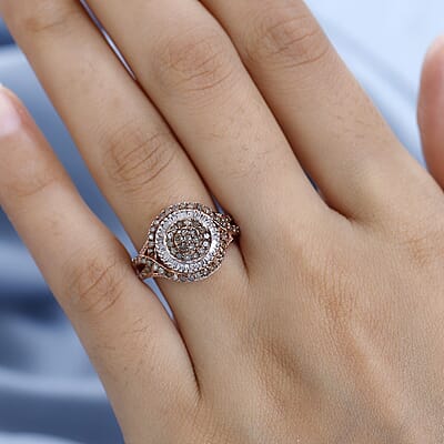 Natural Champagne and White Diamond Ring in Rhodium & Vermeil Rose Gold Over Sterling Silver (Size 10.0) 1.00 ctw