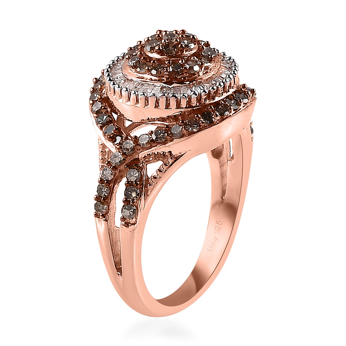 Doorbuster Natural Champagne and White Diamond Ring in Rhodium & Vermeil Rose Gold Over Sterling Silver 1.10 ctw image number 3