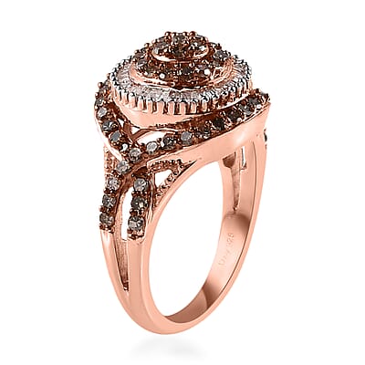 Natural Champagne and White Diamond Ring in Rhodium & Vermeil Rose Gold Over Sterling Silver (Size 10.0) 1.00 ctw