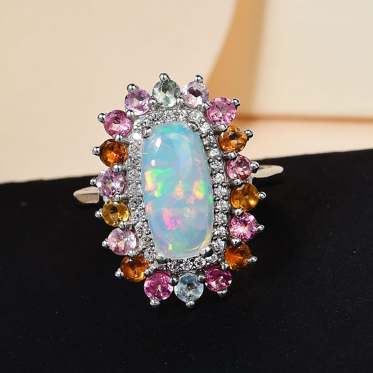 Premium Ethiopian Welo Opal, Multi-Tourmaline and Natural White Zircon Cocktail Ring in Platinum Over Sterling Silver (Size 10.0) 3.15 ctw image number 1