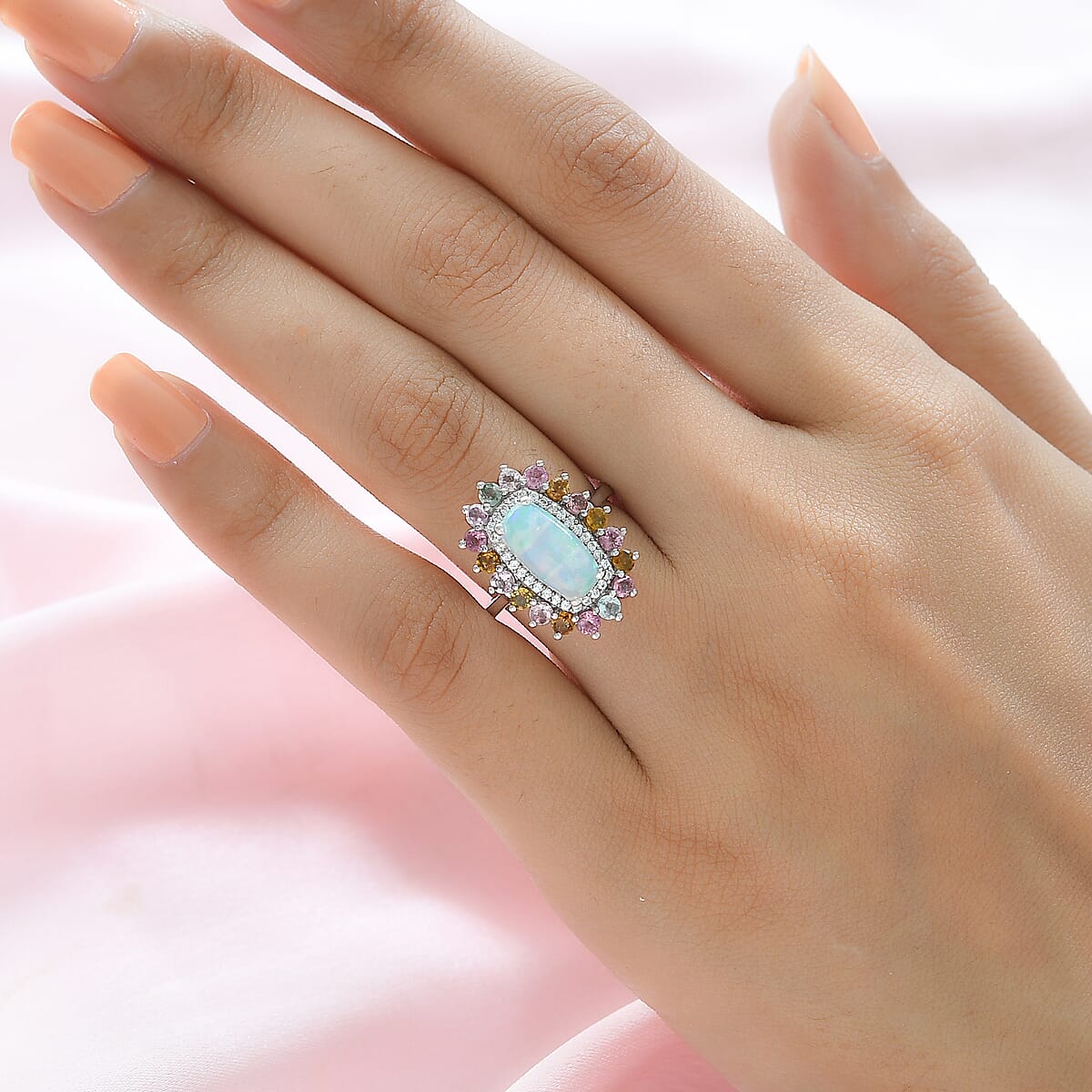 Premium Ethiopian Welo Opal, Multi-Tourmaline and Natural White Zircon Cocktail Ring in Platinum Over Sterling Silver (Size 10.0) 3.15 ctw image number 2