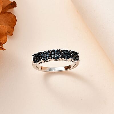 Blue Diamond Floral Ring in Blue Rhodium and Platinum Over Sterling Silver (Size 10.0) 0.50 ctw