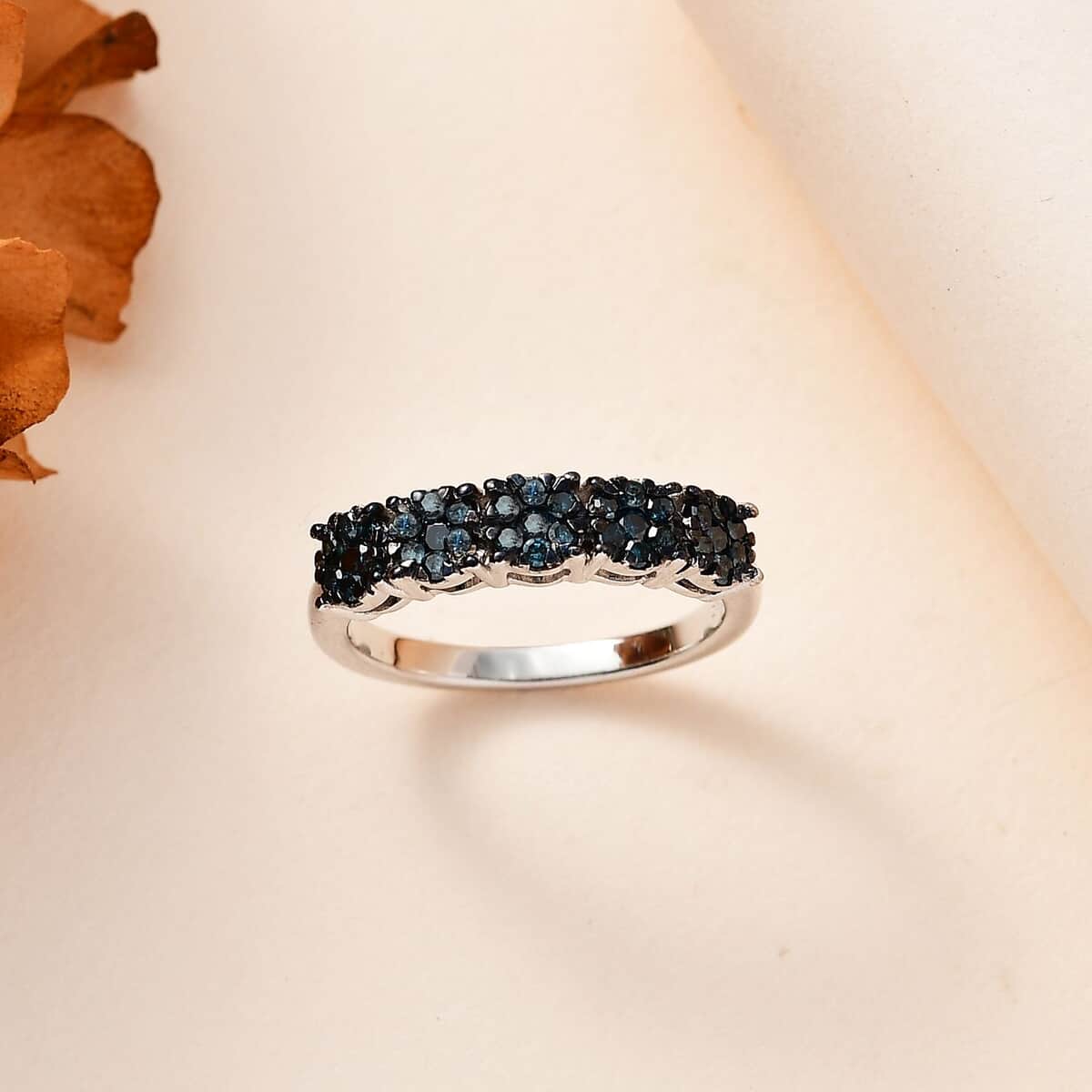 Blue Diamond Floral Ring in Blue Rhodium and Platinum Over Sterling Silver (Size 6.0) 0.50 ctw image number 1