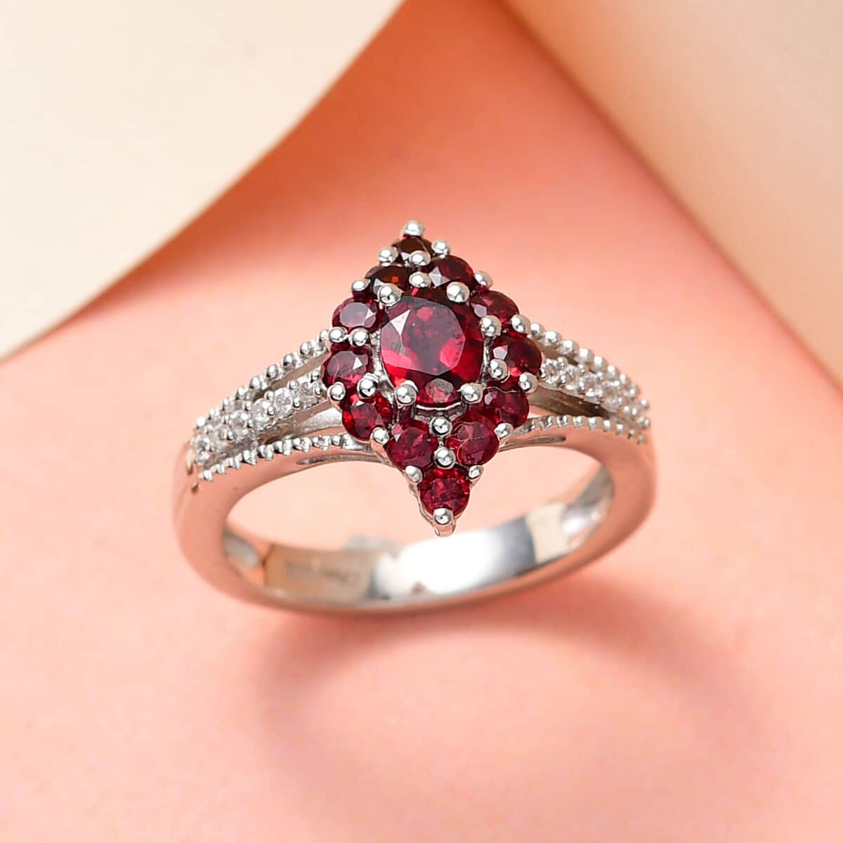 Anthill Garnet and White Zircon Split Shank Ring in Platinum Over Sterling Silver (Size 10.0) 1.00 ctw image number 1