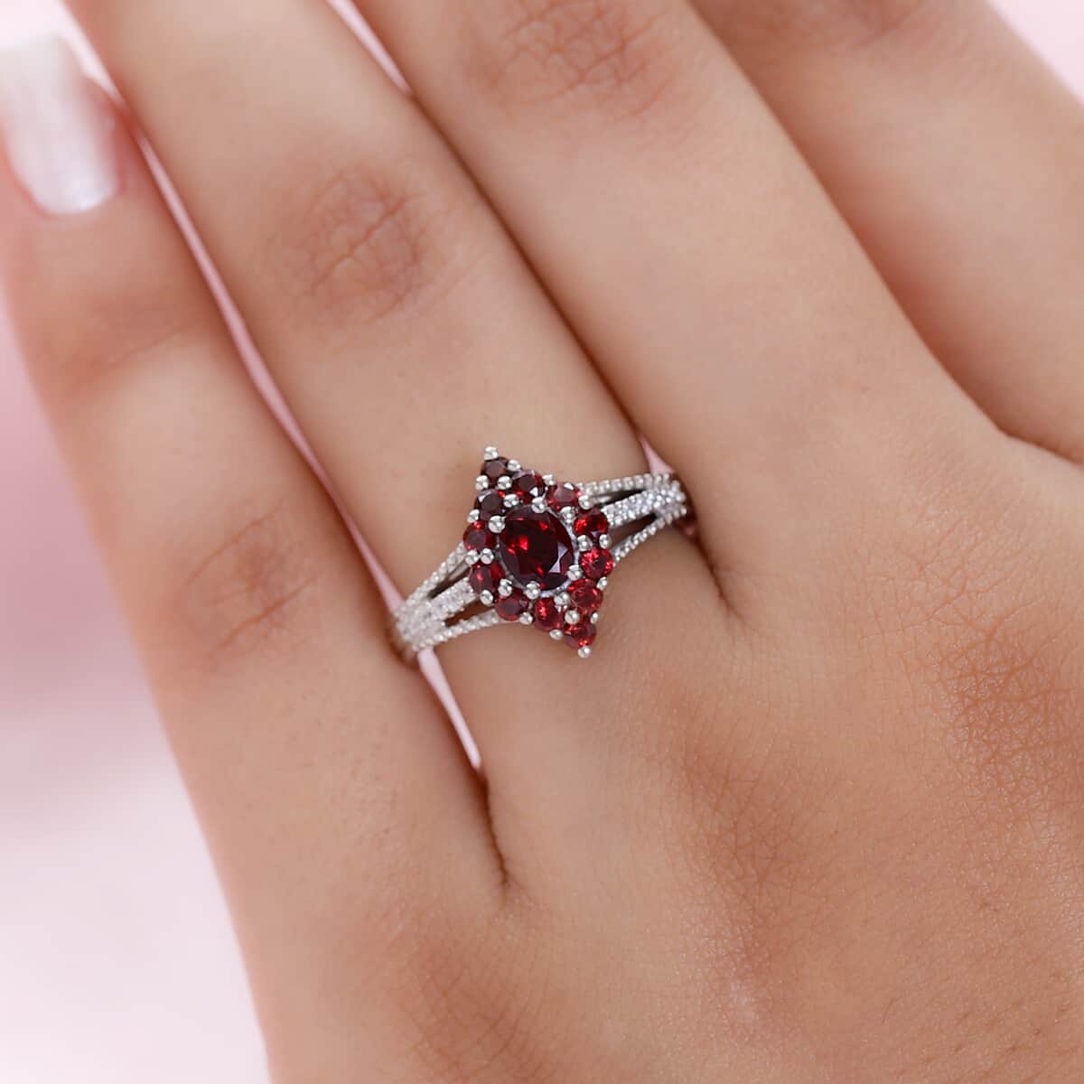 Anthill Garnet and White Zircon Split Shank Ring in Platinum Over Sterling Silver (Size 10.0) 1.00 ctw image number 2