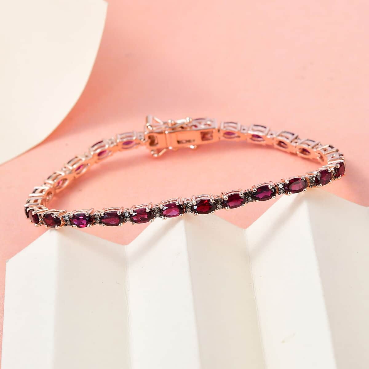 Premium American Arizona Anthill Garnet, Natural Champagne Diamond (0.30 cts) Tennis Bracelet in Vermeil RG Over Sterling Silver (6.50 In) (7.40 g) 7.40 ctw image number 1