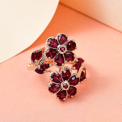 Anthill Garnet Bypass Floral Ring in Vermeil Rose Gold Over Sterling Silver (Size 10.0) 3.15 ctw