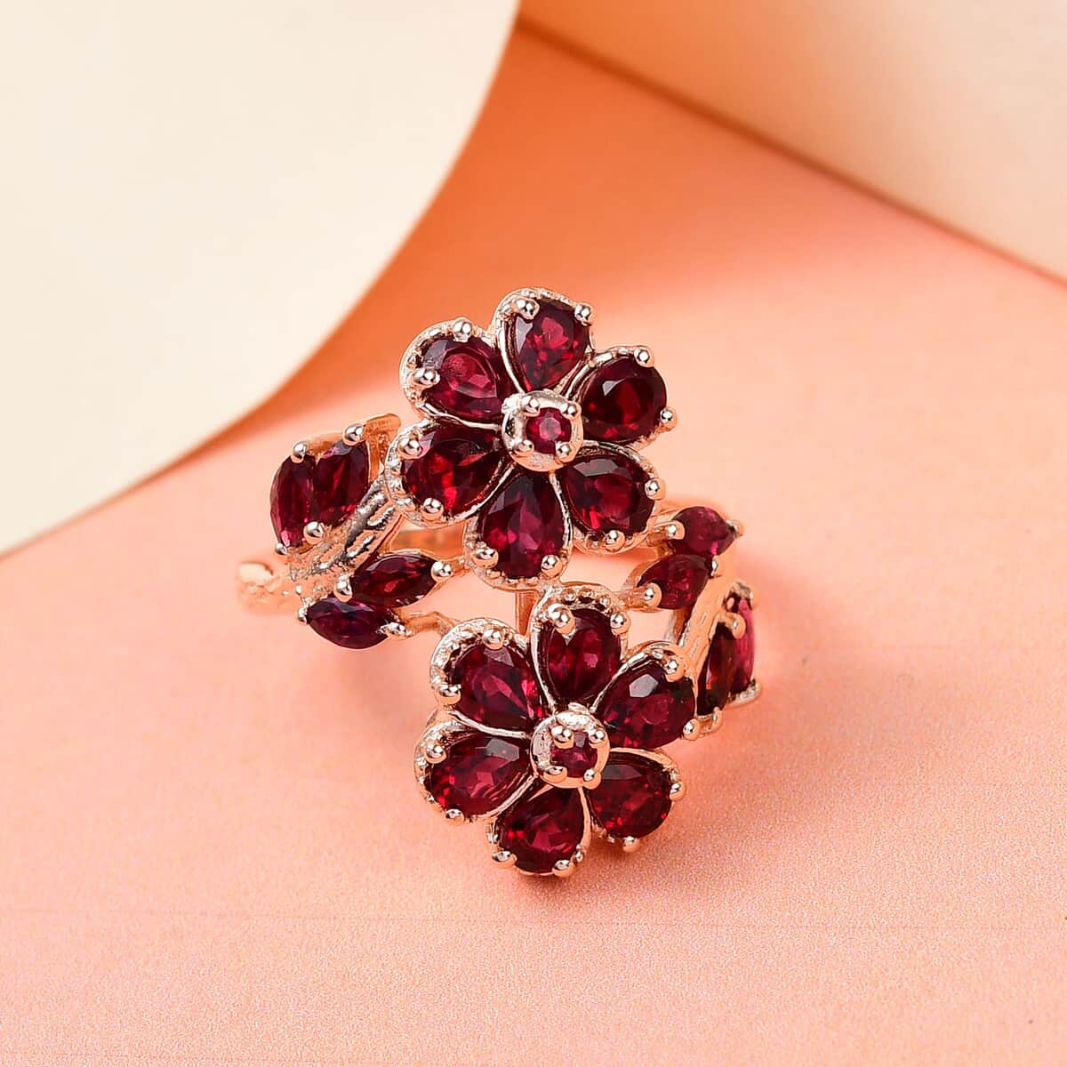 American Arizona Anthill Garnet Bypass Floral Ring in Vermeil Rose Gold Over Sterling Silver 3.15 ctw image number 1