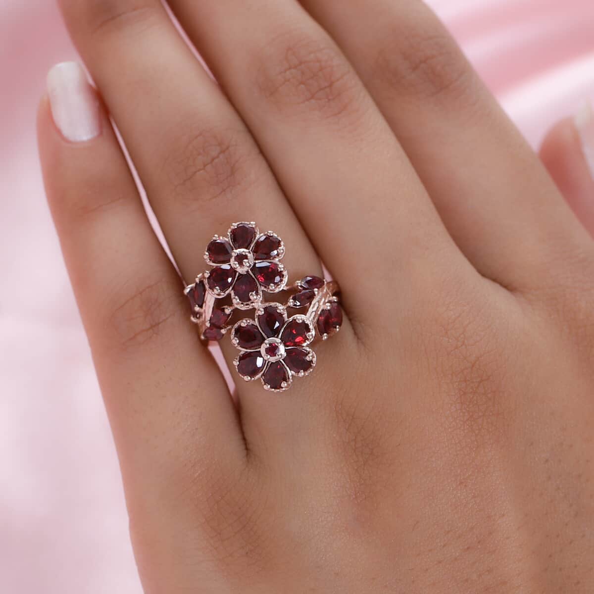 American Arizona Anthill Garnet Bypass Floral Ring in Vermeil Rose Gold Over Sterling Silver 3.15 ctw image number 2