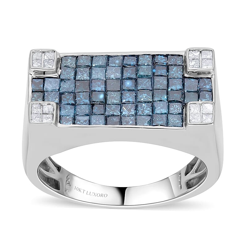 Luxoro 10K White Gold Blue and White Diamond Men's Ring (Size 10.0) 8.40 Grams 2.50 ctw