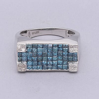 Luxoro 10K White Gold Blue and White Diamond Men's Ring (Size 10.0) 8.40 Grams 2.50 ctw