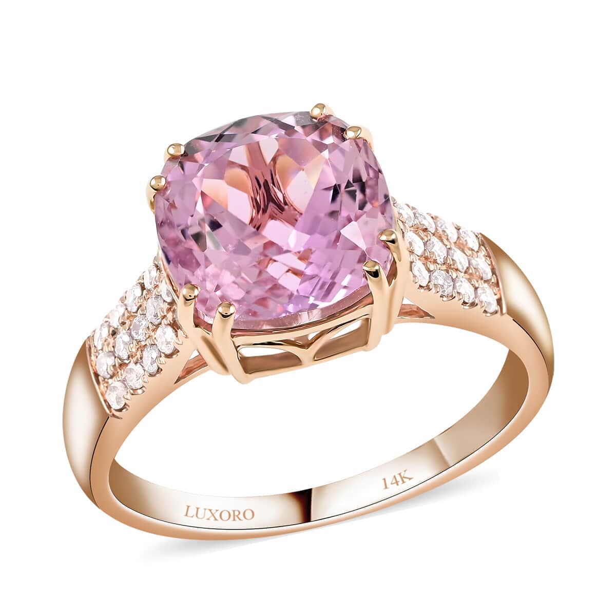 Certified LUXORO 14K Rose Gold AAA Martha Rocha Kunzite and G-H I1 Diamond Ring 3.45 Grams 5.70 ctw image number 0