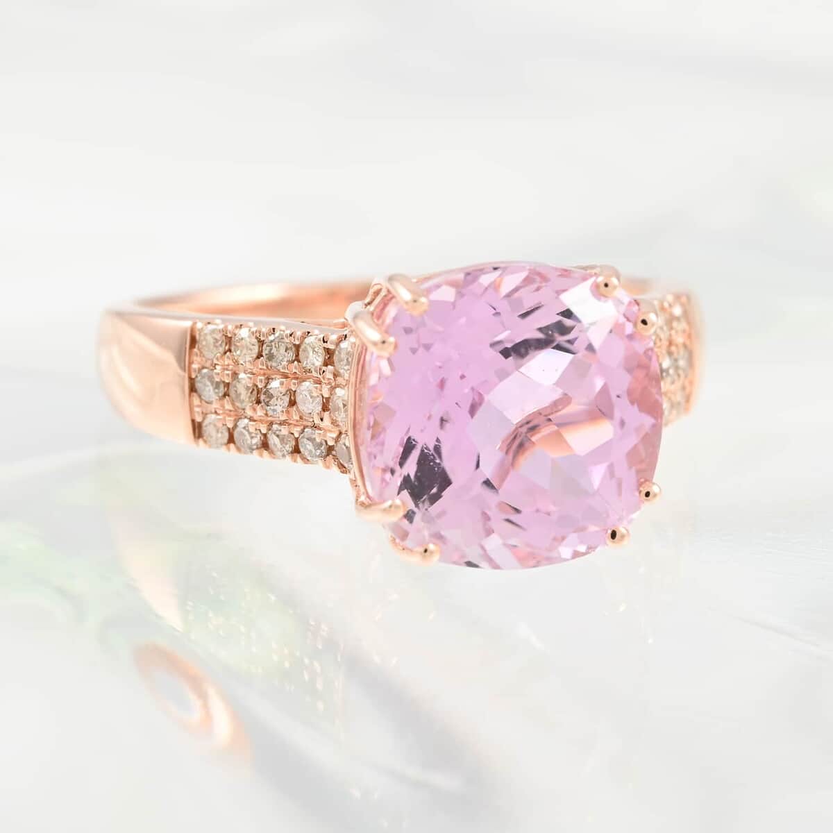 Certified LUXORO 14K Rose Gold AAA Martha Rocha Kunzite and G-H I1 Diamond Ring 3.45 Grams 5.70 ctw image number 1