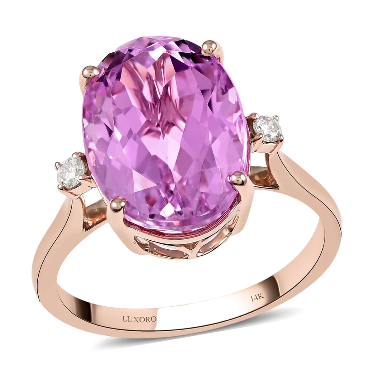 Certified & Appraised Luxoro 14K Rose Gold AAA Martha Rocha Kunzite and G-H I1 Diamond Ring (Size 8.0) 8.00 ctw image number 0