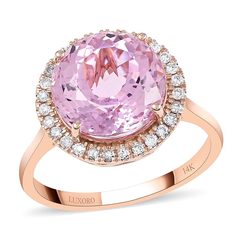 Certified & Appraised Luxoro AAA Martha Rocha Kunzite and G-H I1 Diamond 6.80 ctw Halo Ring in 14K Rose Gold (Size 10.0)