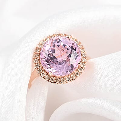 Certified & Appraised Luxoro AAA Martha Rocha Kunzite and G-H I1 Diamond 6.80 ctw Halo Ring in 14K Rose Gold (Size 10.0)