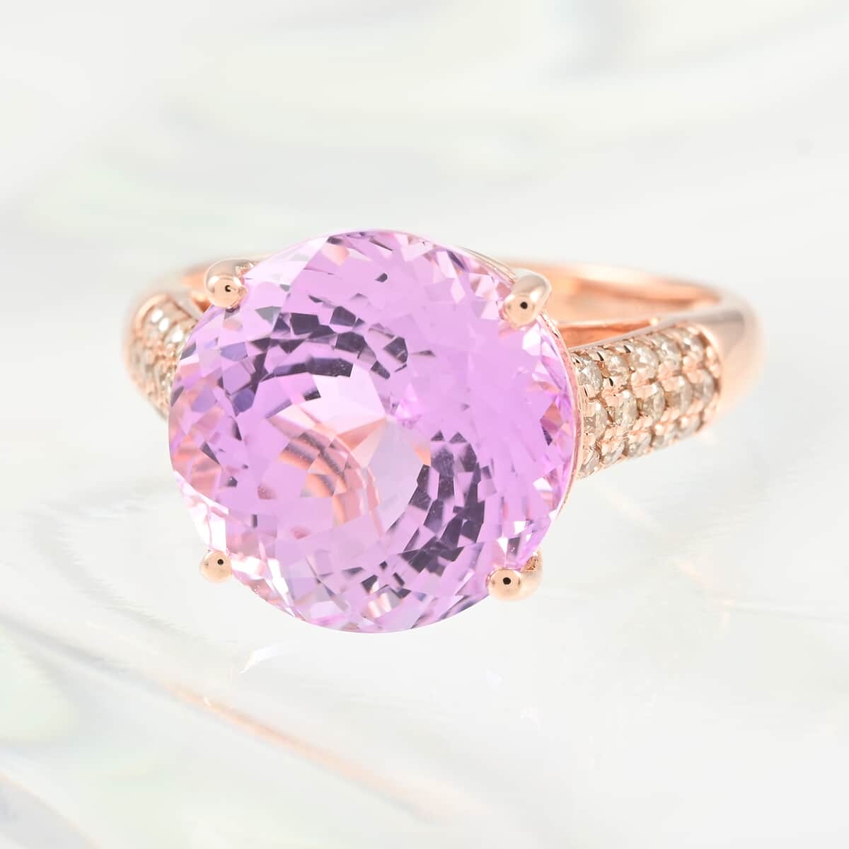 Certified LUXORO 14K Rose Gold AAA Martha Rocha Kunzite and G-H I1 Diamond Halo Ring 3.31 Grams 8.45 ctw image number 1