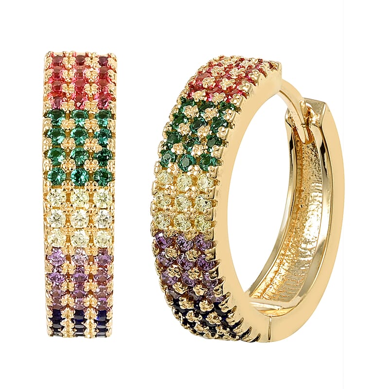 Simulated Multi Color Diamond Huggie Hoop Earrings in Goldtone 1.15 ctw