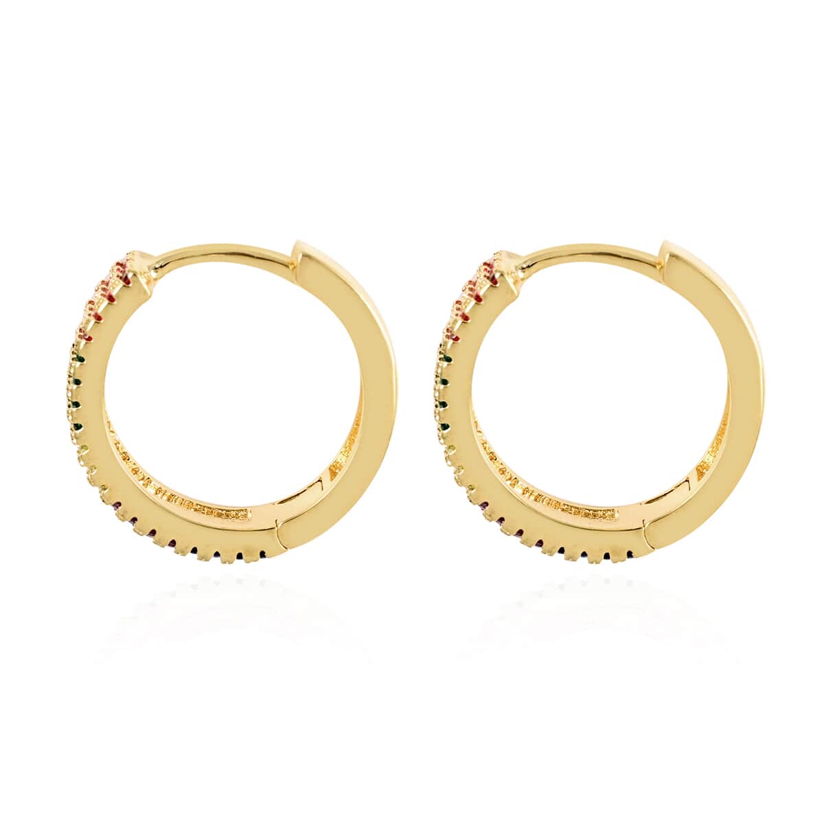 Simulated Multi Color Diamond Huggie Hoop Earrings in Goldtone 1.15 ctw image number 3