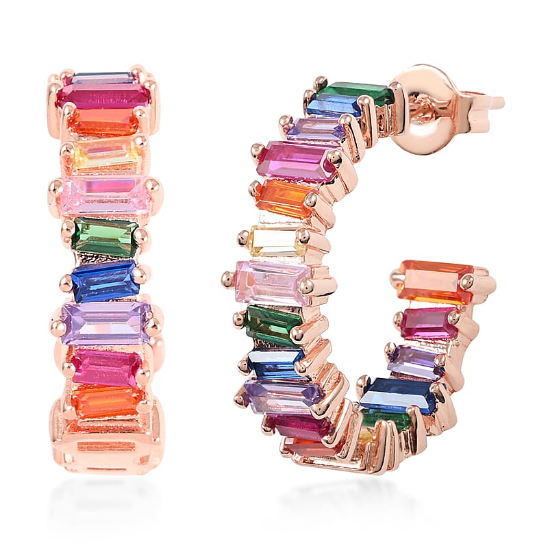 Simulated Multi Color Diamond Inside Out J Hoop Earrings in Rosetone 1.35 ctw